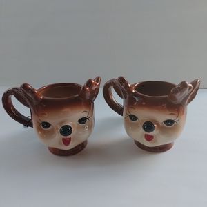 Set of 2 Vintage Style Figural Reindeer Ceramic Mugs Christmas Holiday